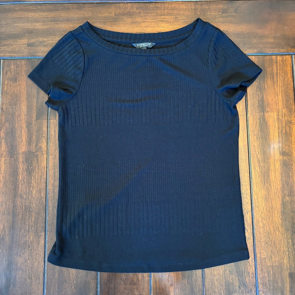 Liverpool Los Angeles Black T-Shirt Ribbed Short Sleeve Knit Top Boat Neck Med